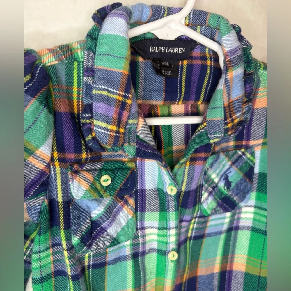 Ralph Lauren Baby Girl Blue/Green Plaid Flannel Ruffle Shirt Dress 18mon